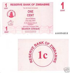 Zimbabwe 1 Cent Note - Pre-inflation